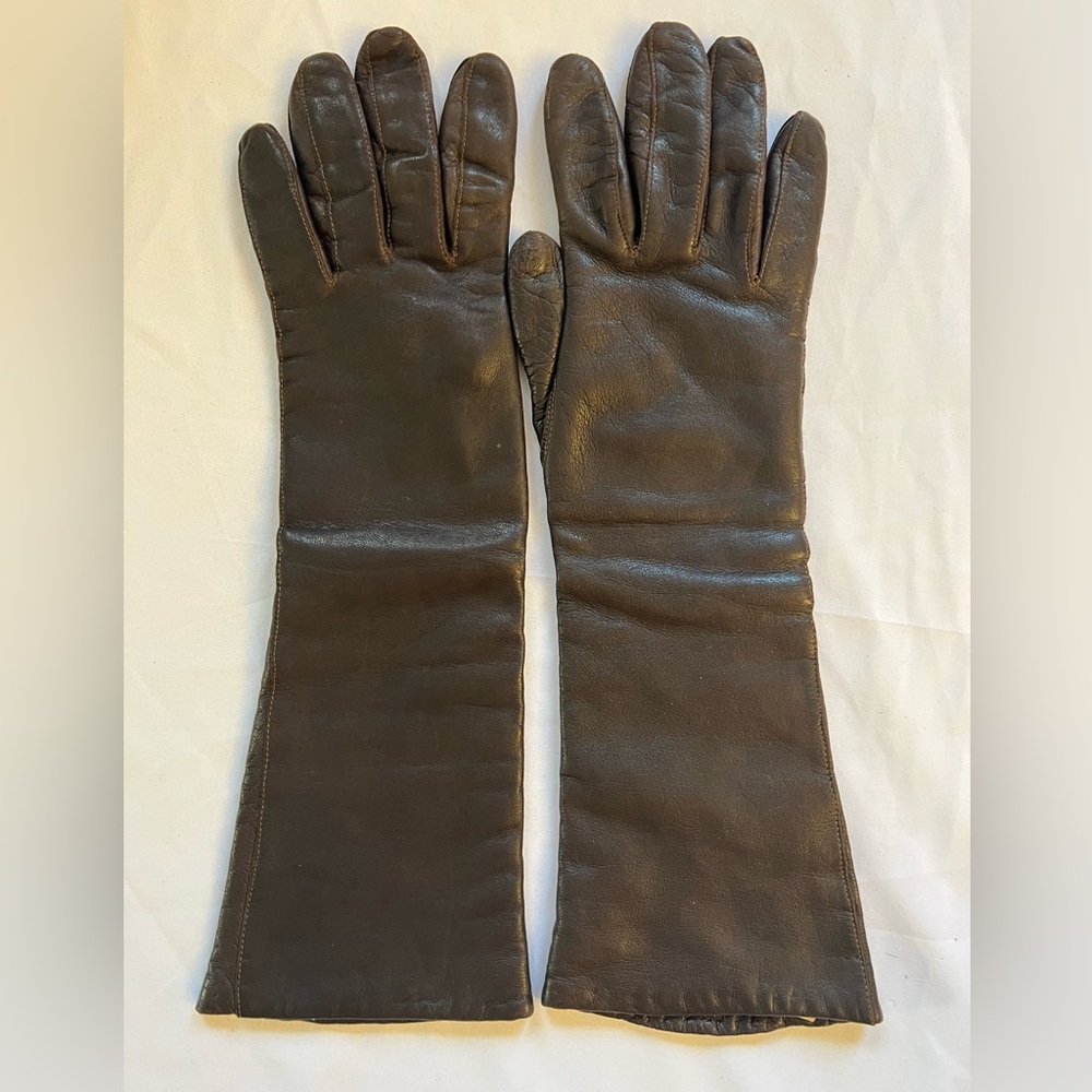 Vintage Cocoa Brown Italian leather Long forearm Orlon Lined ladies gloves 6 1/2